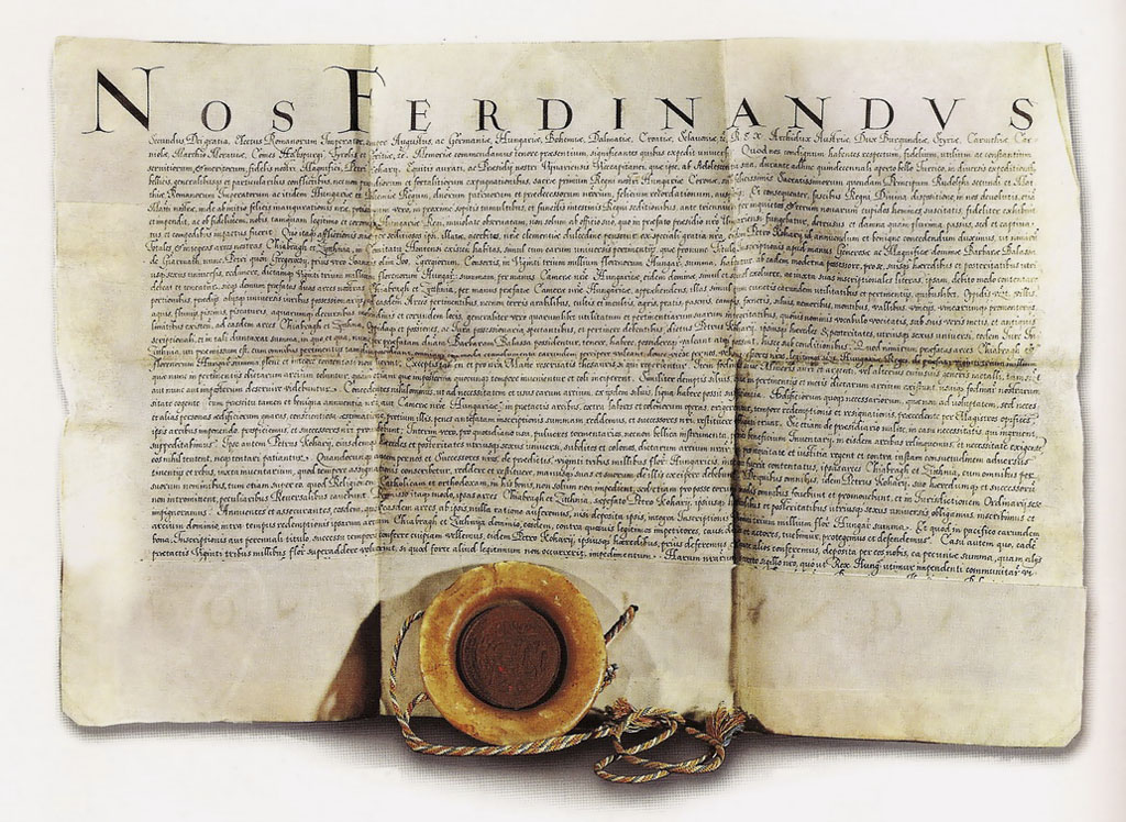 Listina kráľa Ferdinanda II. potvrdzujúca Petrovi Kohárymu majetok hradu Čabraď a Sitno.