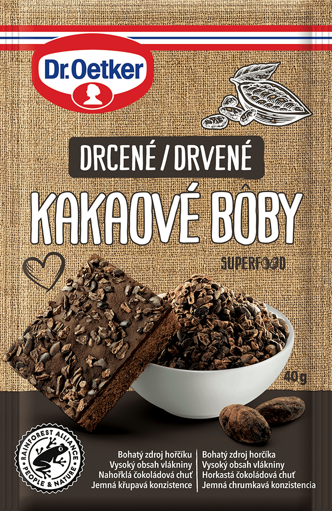 Drvené Kakaové bôby Dr. Oekter pochádzajú z udržateľných zdrojov s certifikátom Rainforest Alliance.